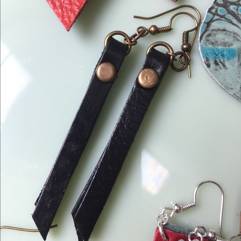 Riveted leather earring dangles nickel free!